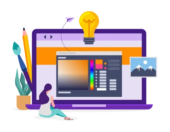 Illustration of a person using a graphic design software on a computer..