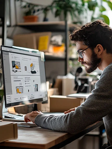 Person working at a desk with a computer.