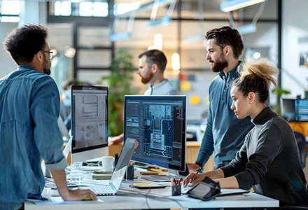 Three professionals working with computers.